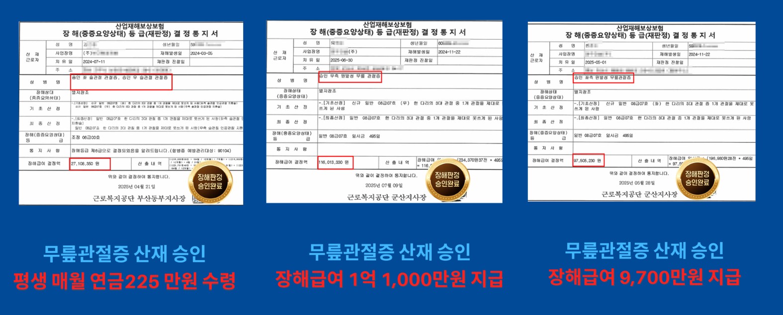 제공된 결정통지서의 양쪽 무릎관절증 상병명 기재 부분